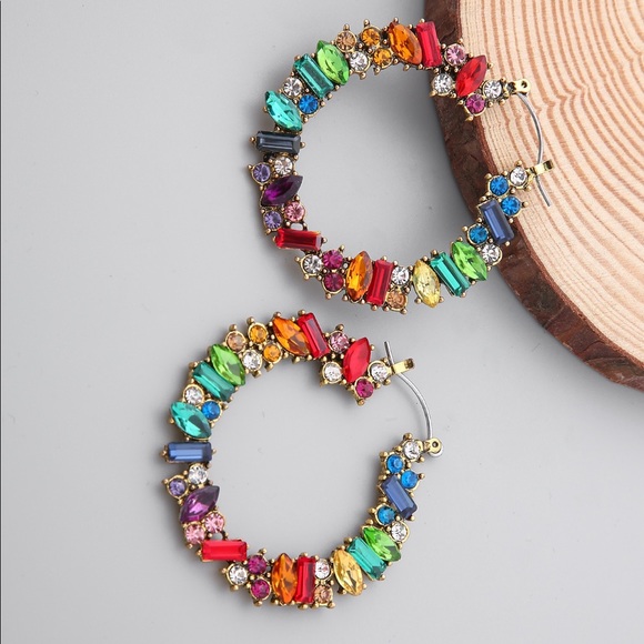 Jewelry - Kaleidoscope Rhinestone Glam Hoop Earrings, Bling Rainbow of Color